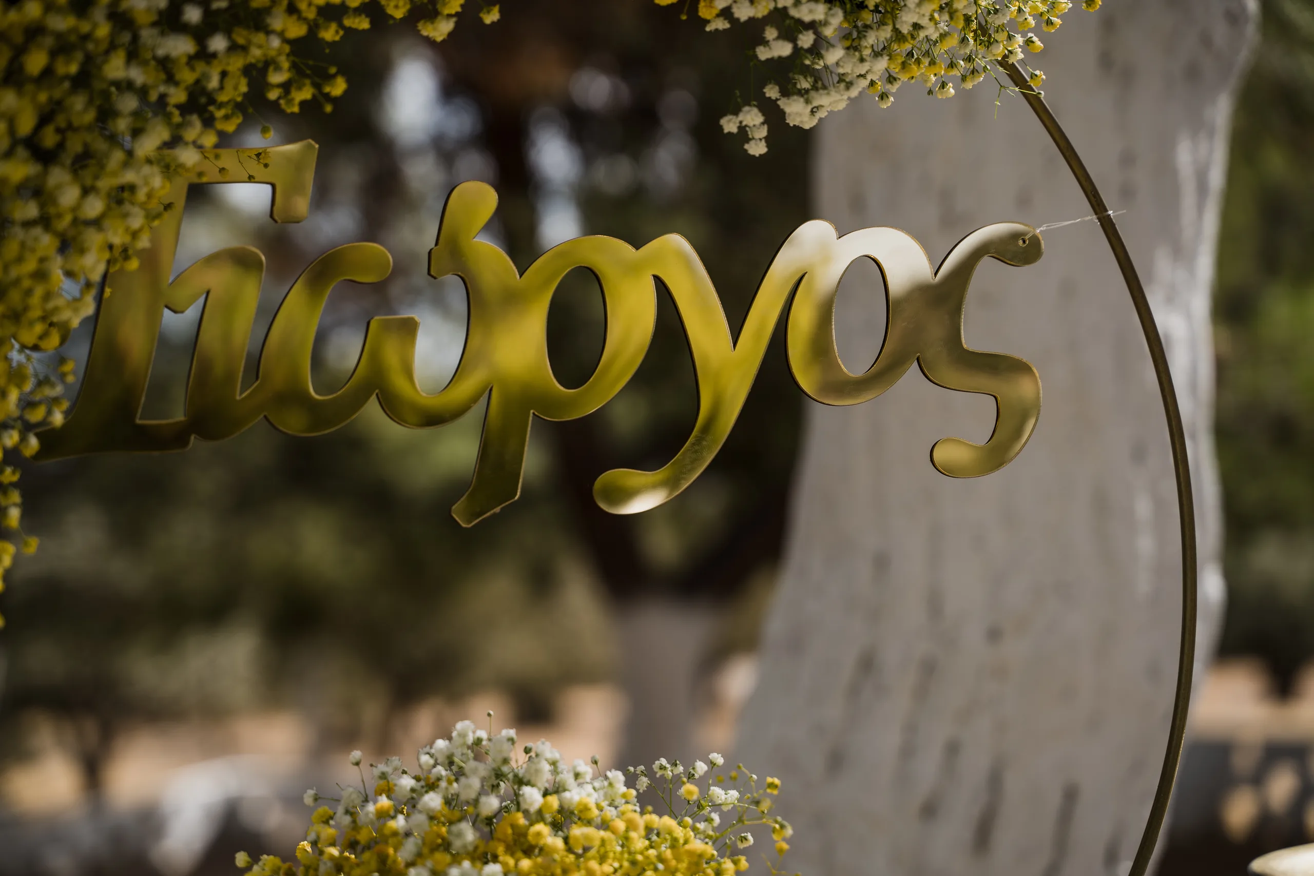 Χρυσή επιγραφή με το όνομα του Γιώργου ανάμεσα σε κίτρινα λουλούδια