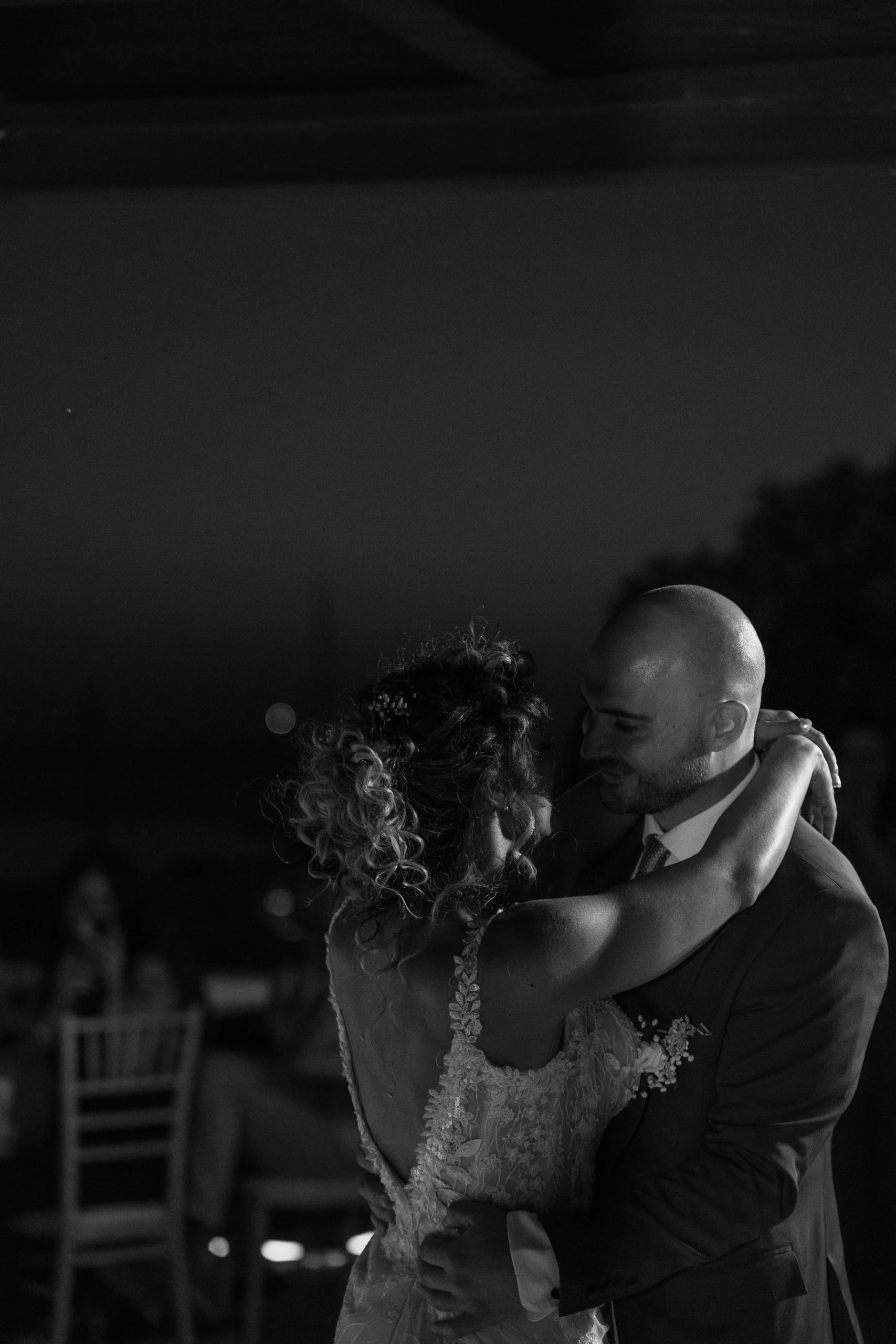 Black-and-white photo of the couple's first dance