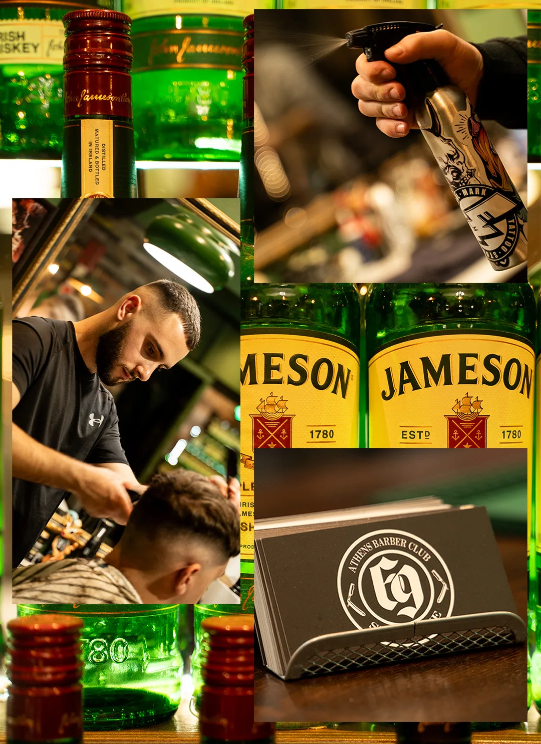 Collage of a barber at work, Jameson bottles and the Athens Barber Club card